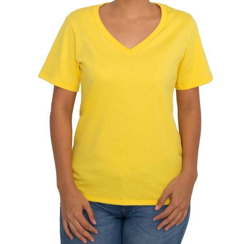 Camiseta-moda-mujer-algodón-amarillo-cuello-v-color
